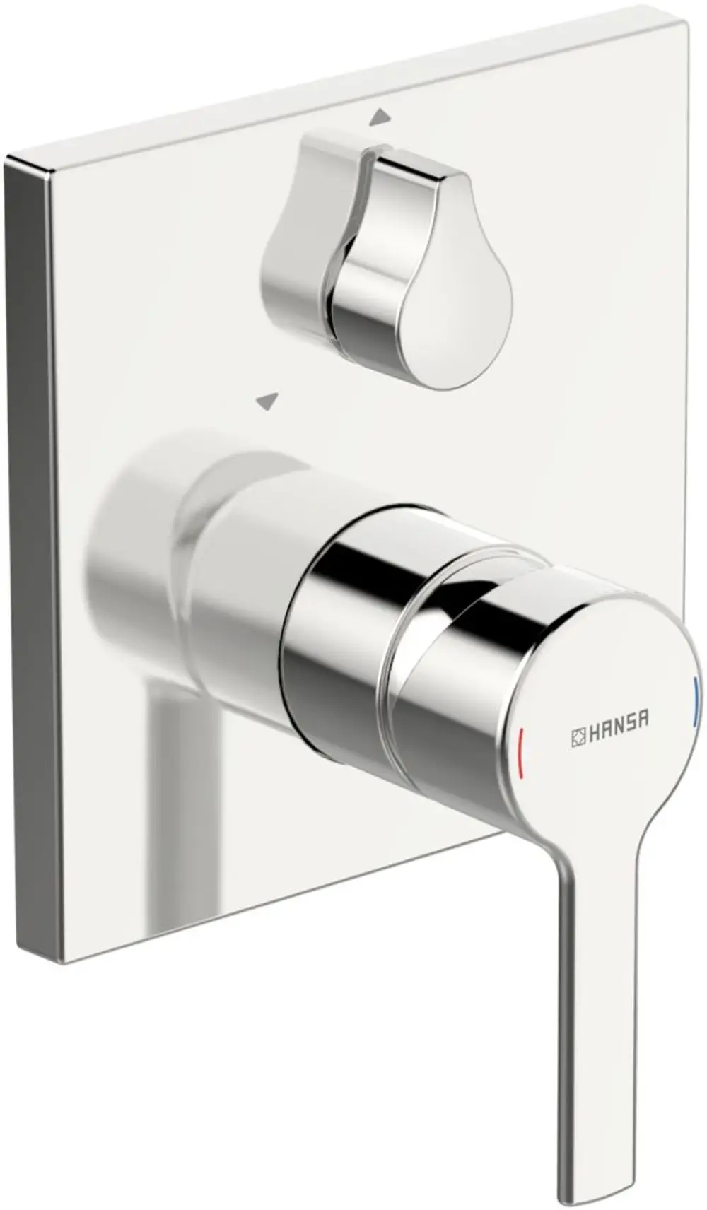 Einhebelmischer mit quadratischer Rosette, ausgestattet mit einer Sicherungseinrichtung, in chromfarbener Ausführung. Produkt von HANSA für Wanne und Brause.